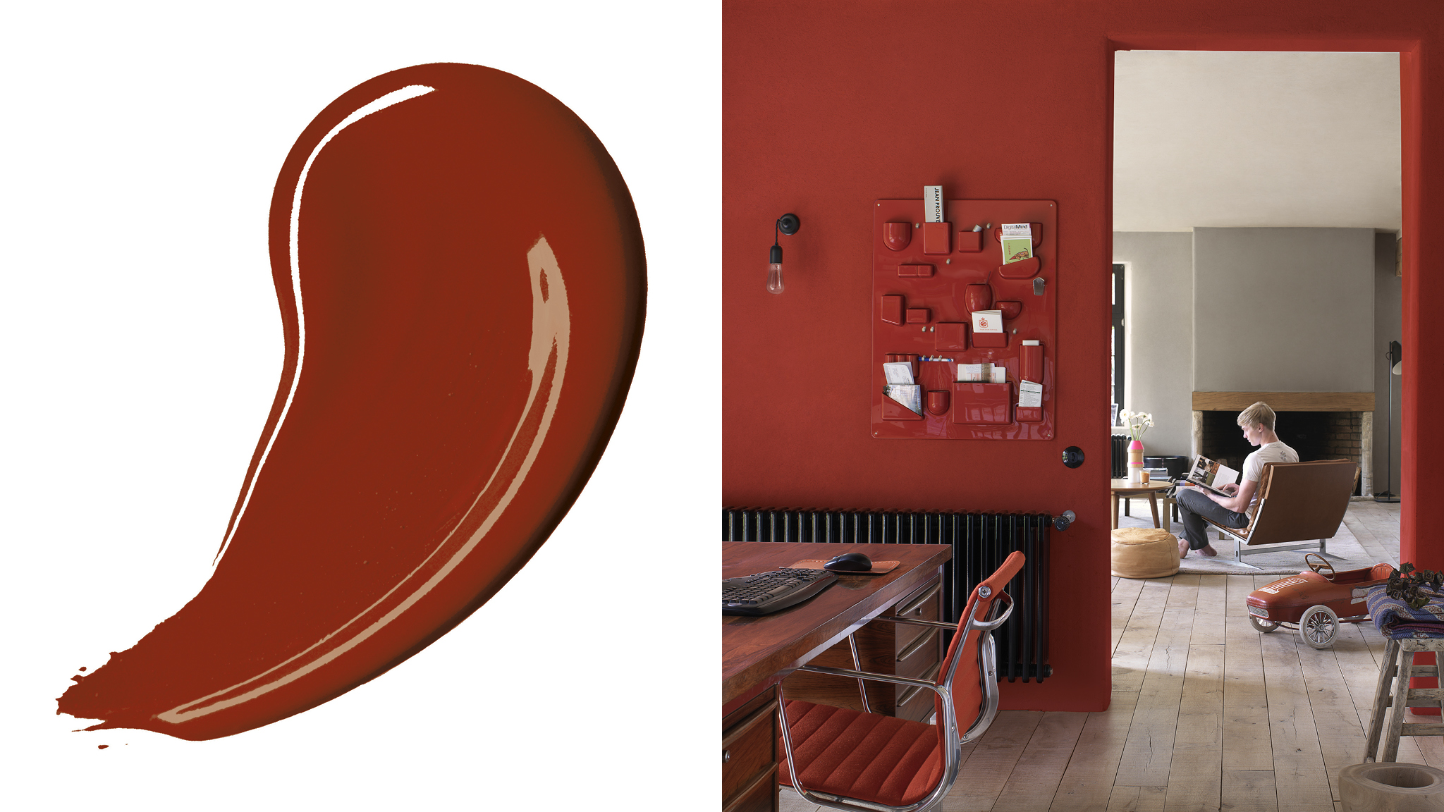 Voeg warmte toe met gedurfd rood Met donkere kleuren creëer je direct een gezellige en intieme sfeer in huis. Dieprode of chocoladekleurige tinten hebben de neiging om de kamer kleiner te maken.