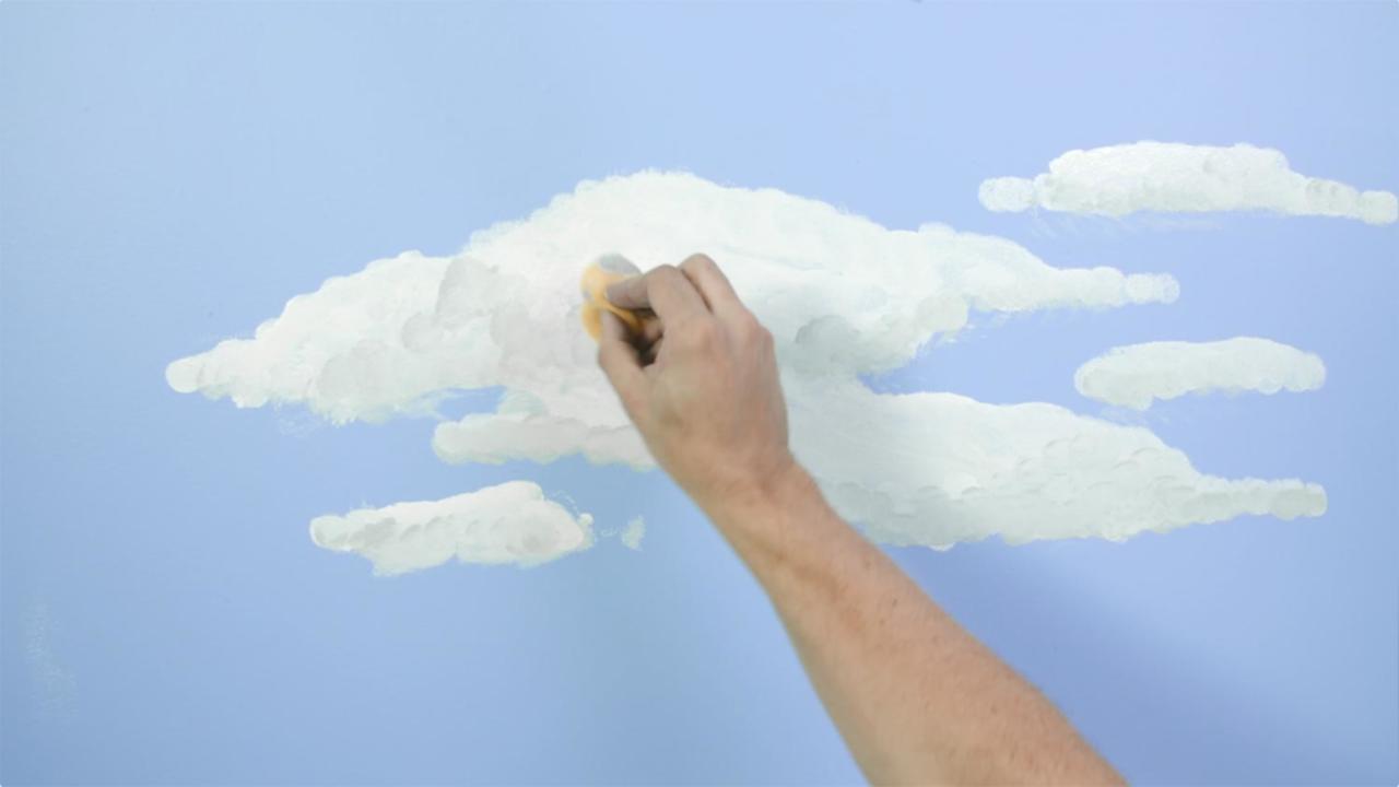 wolken schilderen in kinderkamer kinderkamer inrichten met wolken geschilderd op muren - effect met spons verven